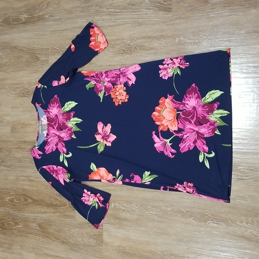 (L) Alexandra + Oak Floral Print Bell Sleeve Tunic Dress Vacation Bright Bold